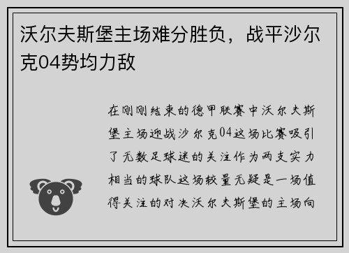 沃尔夫斯堡主场难分胜负，战平沙尔克04势均力敌