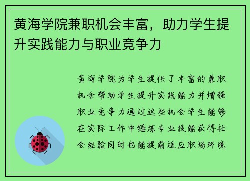 黄海学院兼职机会丰富，助力学生提升实践能力与职业竞争力